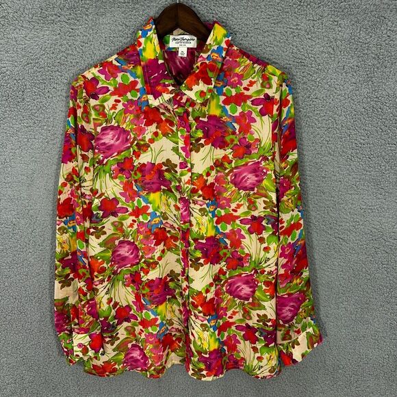 Norm Thompson Button Up Top Womens Large Petite Pink Floral Long Sleeve Boho - Picture 1 of 7